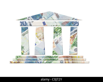 Bank icon with superimposed background of twenty, fifty and one hundred euro banknotes Stock Photo