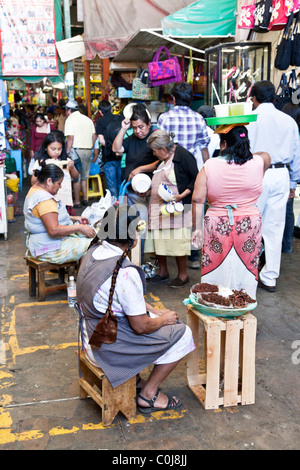 indigenous Mexican Indian woman with traditional ribbon in her braids selling fried grasshoppers at bustling entrance to market Stock Photo