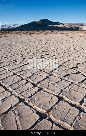 Dried mud flats with Eureka dunes in distance, Death Valley national park, California Stock Photo