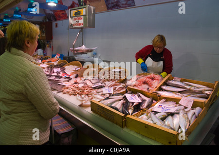 Seafood stall inside new Mercat de Sant Antoni market hall central Barcelona Catalunya Spain Europe Stock Photo