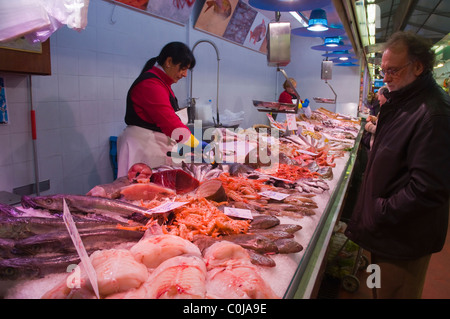 Seafood stall inside new Mercat de Sant Antoni market hall central Barcelona Catalunya Spain Europe Stock Photo