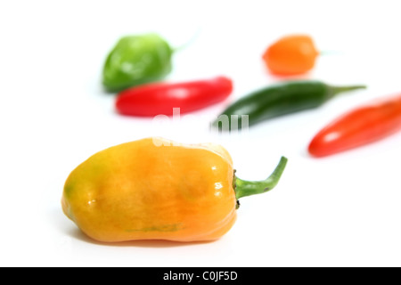 mixed chili Habanero Serrano hot mexican peppers Stock Photo