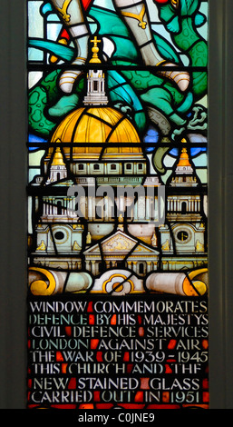 London, England, UK. Church of St Mary Aldermary - Stained Glass Window showing St Paul's Cathedral Stock Photo