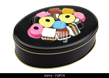 Old vintage Marks and Spencer liquorice allsorts black tin. EDITORIAL ONLY Stock Photo