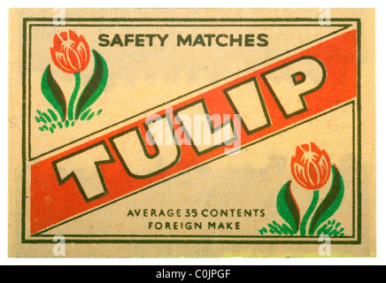 Old vintage matchbox label for the foreign safety match labelled Tulip. EDITORIAL ONLY Stock Photo