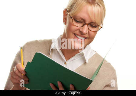 Beautiful Woman with Pencil and Folder taking notes. Stock Photo
