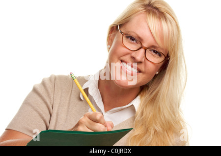 Beautiful Woman with Pencil and Folder taking notes. Stock Photo