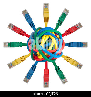 Ball of colored cables with network plugs pointing in every direction isolated on white background Stock Photo
