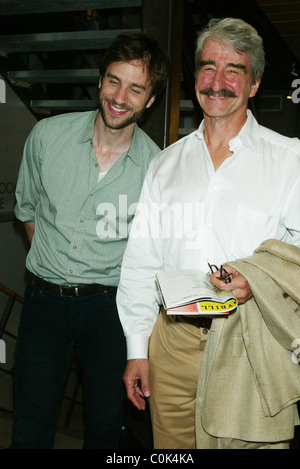 Actor Sam Waterston (right) congratulates his son James Waterston (centre) after seeing James in a performance of A.R. Gurney's Stock Photo