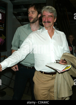 Actor Sam Waterston (right) congratulates his son James Waterston (centre) after seeing James in a performance of A.R. Gurney's Stock Photo