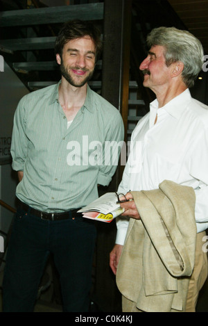 Actor Sam Waterston (right) congratulates his son James Waterston (centre) after seeing James in a performance of A.R. Gurney's Stock Photo