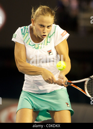 Jelena Dokic on Australia during her victory over Alisa Kleybanova of Russia at the Australian Tennis Open Stock Photo
