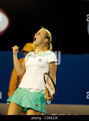 Jelena Dokic on Australia during her victory over Alisa Kleybanova of Russia at the Australian Tennis Open Stock Photo