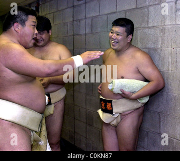Sumo wrestlers backstage before fight Stock Photo