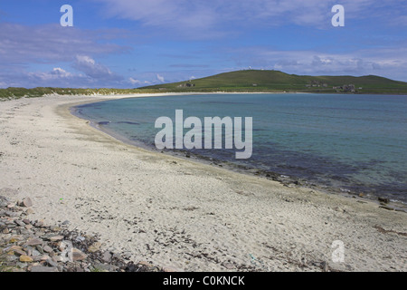 View of sunny and calm West Voe of Sumburgh, Bay of Quendale beach, Mainland Shetland in June. Stock Photo