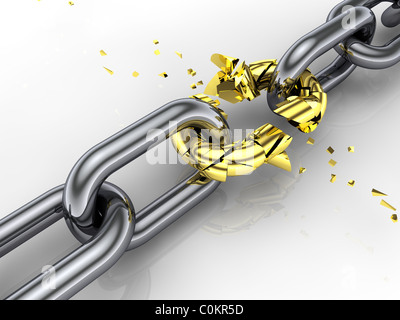 3d chain , shattered link , weakest link ,breaking free Stock Photo