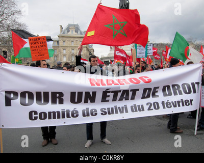 Paris, France, People Holding Protest Banner, Morocco Demonstration, French Banner , Solidarity of Arab Revolutions 'Arab Spring Protests'  Arabic spring, international Politics Stock Photo