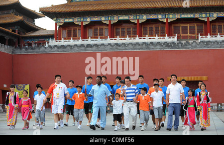 Former Brazilian footballing legend Pele at China's Imperial Palace where he presented signed footballs and football shirts to Stock Photo