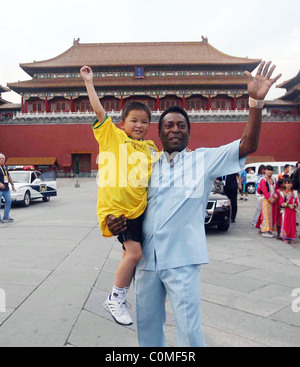 Former Brazilian footballing legend Pele at China's Imperial Palace where he presented signed footballs and football shirts to Stock Photo