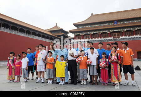 Former Brazilian footballing legend Pele at China's Imperial Palace where he presented signed footballs and football shirts to Stock Photo