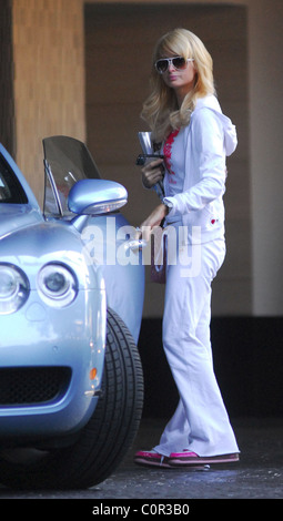 Paris Hilton wearing a monogram T-shirt with her name and a pink Chihuahua dog, leaves her hotel in Hollywood clutching all the Stock Photo