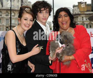 Georgia Groome, Gurinder Chadha and Aaron Johnson at the UK film premiere of ''Angus, Thongs and Perfect Snogging' held at Stock Photo