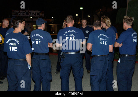 Firefighters gather for a meeting Devastation left after the wildfires in Montecito, Santa Barbara, California, USA on November Stock Photo