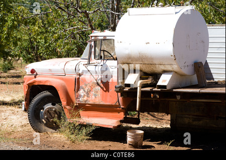 Farm truck broken down in the middle of an orchard Stock Photo