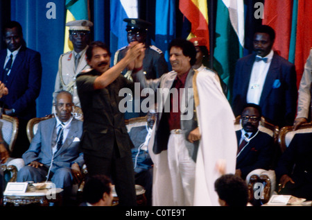 Libyan President Muammar Gaddhafi  shaking hands with Nicaraguan leader Daniel Ortega, see Siad Barre, Omar Bongo Yueri Museveni Stock Photo