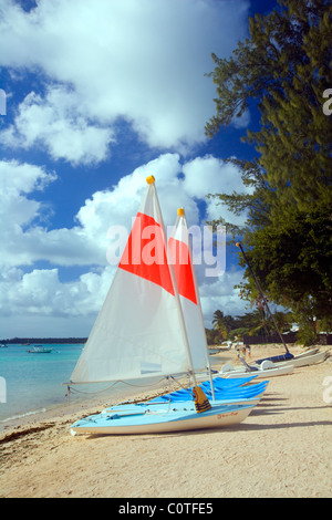 Sailing yachts for hire on beach, Mauritius