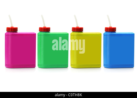 Colorful plastic water containers on white background Stock Photo