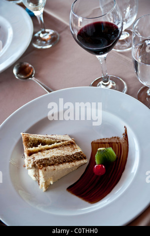 Fancy tiramisu cake with kiwi, cherry, chocolate sauce and red wine. Stock Photo