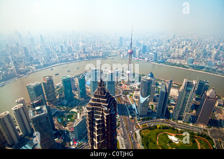 Aerial View of Shanghai Skyscrapers with Jinmao tower and oriental pearl TV tower from Shanghai World Financial Center (SWFC) Stock Photo