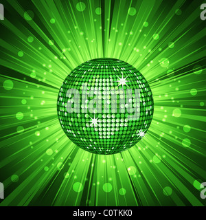 Sparkling green disco ball on a green star burst background Stock Photo