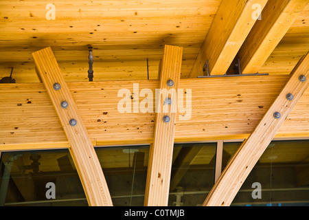 Laminated wooden beams used in building construction Stock Photo