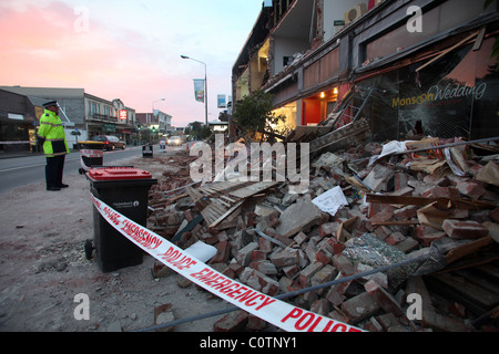 Collapsed shop fronts in Merrivale, Christchurch, New Zealand, after the 6.3 magnitude earthquake Stock Photo