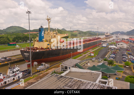 PANAMA - Ship at Miraflores Locks on the Panama Canal. Stock Photo