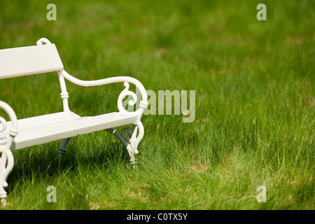 Spring and summer - White romantic bench in meadow on sunny day Stock Photo