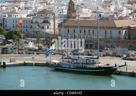 Uruguayan  three masted schooner 'Capitan miranda' alongside Cadiz harbour Spain Stock Photo