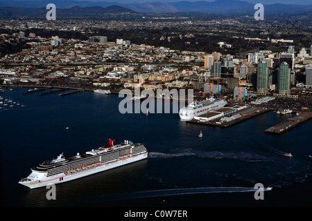 aerial view above Carnival Cruise Lines Ship Spirit San Diego harbor California Stock Photo