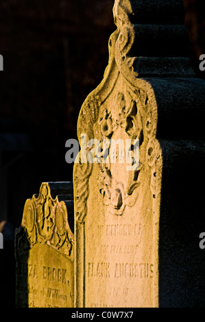 Tombstones, In Cemetery, Late Evening, Pennsylvania, USA Stock Photo
