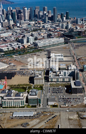 aerial view above Mission Bay district toward downtown San Francisco California Stock Photo