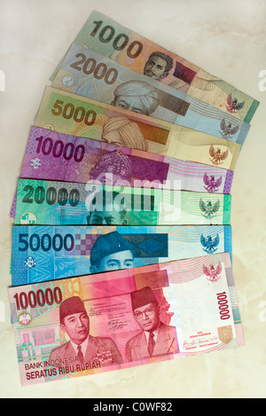 Indonesian currency notes from 100,000 to 1000 rupiah Stock Photo