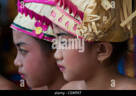 Indonesian child dancers at a temple festival in Padang Bai, Bali, Indonesia Stock Photo