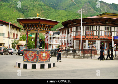 Traffic police box situated in the middle of the intersection in Thimphu, Bhutan Stock Photo