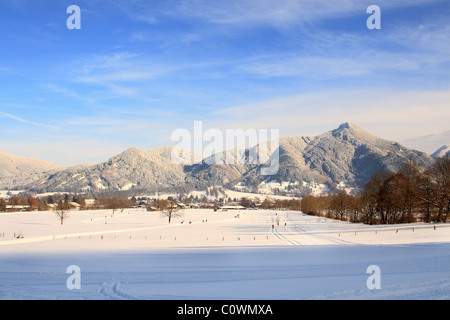 Skiers on trail. Cross country ski area in Lenggries. Upper Bavaria. Germany. Stock Photo