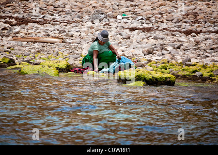 Traditional Bolivian lady washing clothes on the shore of Lake Titicaca, Bolivia, South America. Stock Photo