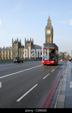 Famous Red bus on Westminster Bridge in London Stock Photo