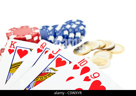 poker chips, cards and euro coins isolated on white background. another similar shots available Stock Photo