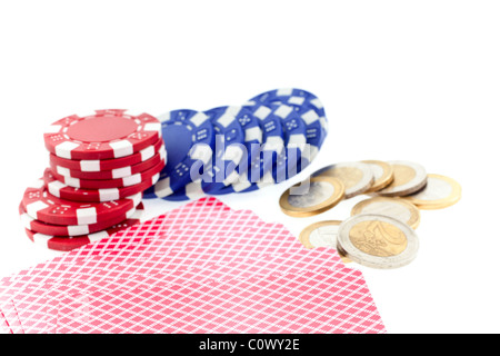 poker chips, cards and euro coins isolated on white background. another similar shots available Stock Photo